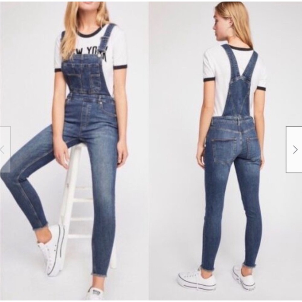Free People Lexden Super Skinny Denim Overalls Dark Wash Raw Hem W26R Blue Boho